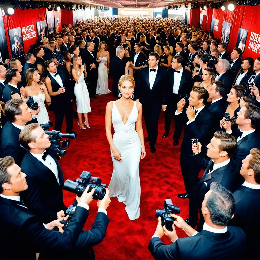 A dazzling Hollywood red carpet scene filled with celebrities in glamorous attire, some having intense confrontations while paparazzi eagerly capture the chaos. Include flashing cameras, dramatic facial expressions, and a backdrop of glittering lights and movie posters. super-realistic. vibrant colors. white background.
