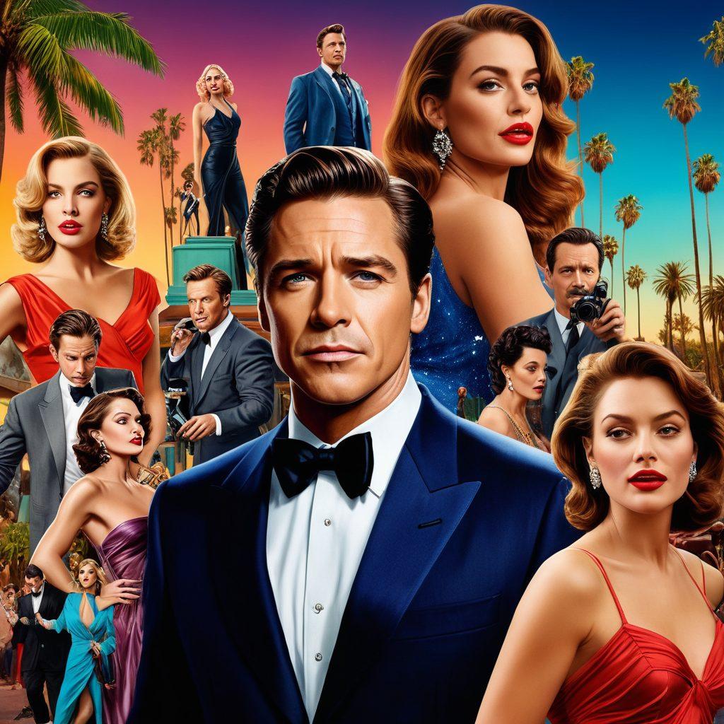 A vibrant collage of ten iconic Hollywood celebrities in dynamic poses, each caught in a shocking or unexpected moment - capturing drama, surprise, and excitement. Celebrities should be positioned in a way that their individual stories merge into a chaotic yet harmonious scene. The background should feature a mix of flashing paparazzi cameras and Hollywood landmarks. super-realistic. vibrant colors. dramatic lighting.