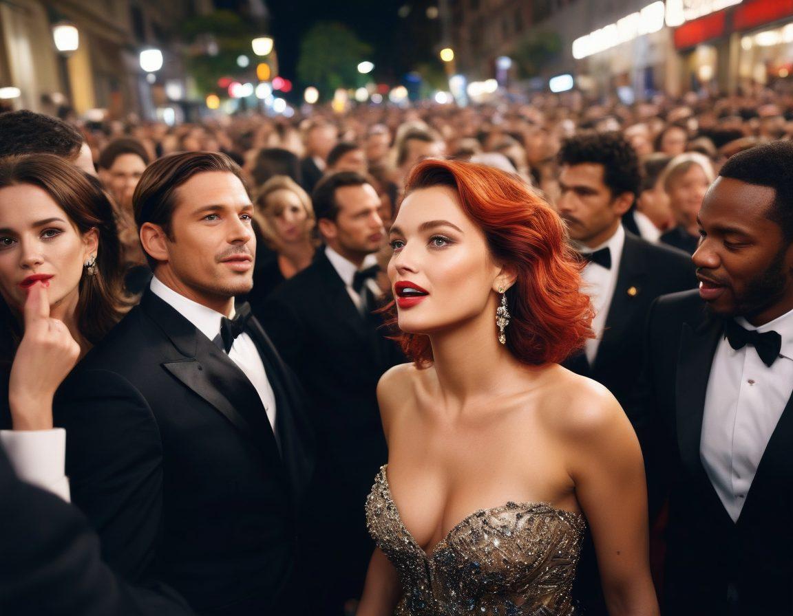 A chaotic scene with paparazzi cameras flashing wildly, capturing candid and unguarded moments of famous stars, their expressions ranging from surprise to annoyance. The background should depict an extravagant Hollywood setting with red carpets, luxury cars, and glitzy venues. The atmosphere should be energetic and chaotic, giving a sense of frenzy and intrusion. super-realistic. vibrant colors.
